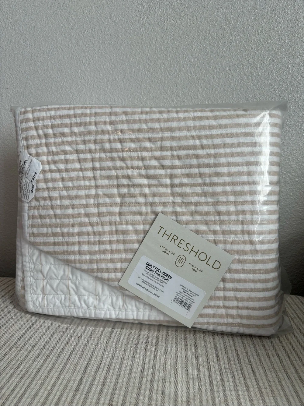 NWT Full/Queen Reversible Cotton Stripe Quilt Khaki - Threshold